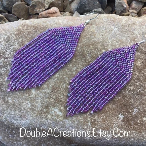 Purple Rainbow Lined Beaded Earrings with Fringe, New, Handmade By Me - Picture 7 of 7